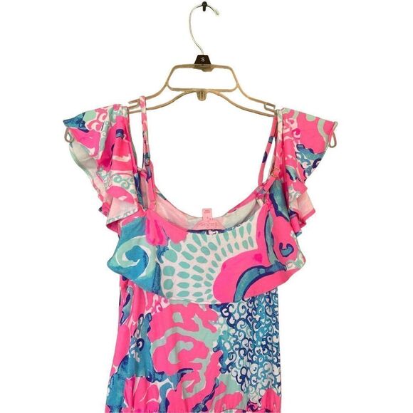 Lilly Pulitzer Womens Pink Cold Shoulder Ruffle Im So Jelly Klea Romper Small - Picture 8 of 11